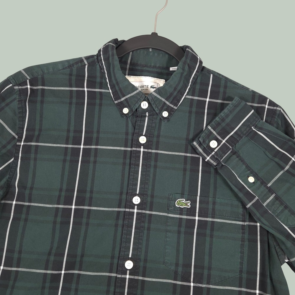 Lacoste Men Medium Slim Fit Button Down Shirt Green Black Plaid Long Sleeve Prep